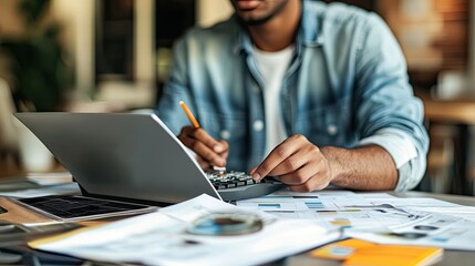 Close-up of a man using a calculator and laptop, surrounded by paperwork.