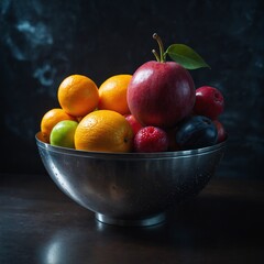 A futuristic glowing fruit in a metallic bowl.