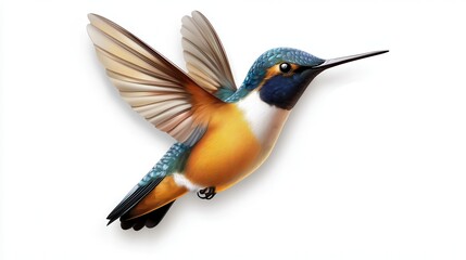 A colorful hummingbird mid-flight, isolated on white.