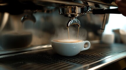 Brewing Espresso: Close-Up of Coffee Extraction Process with Steam and Creamy Texture Flowing into a White Cup on a Modern Espresso Machine