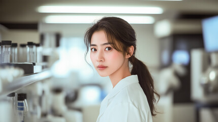 Asian Innovator in a High-Tech Lab Exploring Biotechnology and Quantum Research