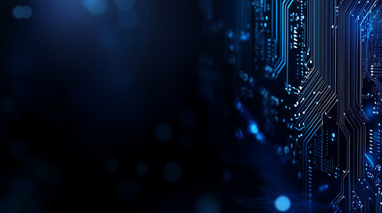 A visually striking, high-resolution image showcasing a futuristic digital circuit board, pulsing with vibrant blue light and a bokeh effect. Ideal for technology, science fiction, and abstract design