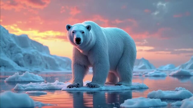 A polar bear with fur made of shimmering ice, standing on a glacier that reflects a kaleidoscope of colors from the sky.
