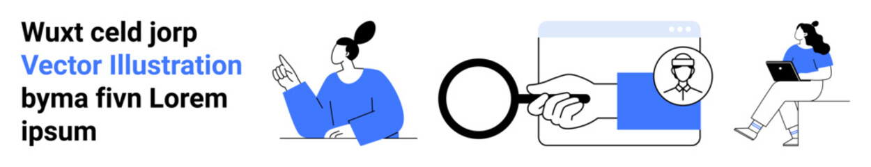 Abstract characters in blue attire, oversized magnifying glass, computer monitor with hourglass. Ideal for business, technology, communication, analysis, digital solutions, remote work, productivity