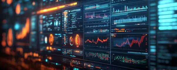 Obraz premium Business intelligence dashboard on a computer screen with an analyst evaluating performance metrics, KPIs, and database connections for finance, operations, sales, and marketing