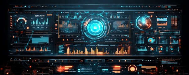 Obraz premium Business intelligence dashboard on a computer screen with an analyst evaluating performance metrics, KPIs, and database connections for finance, operations, sales, and marketing