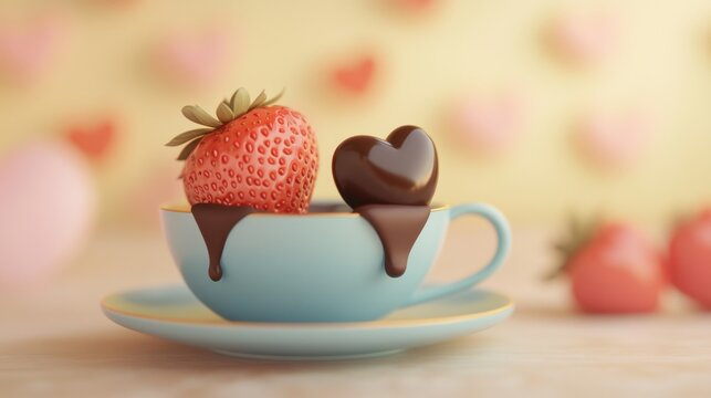 3D render of connected chocolatedipped strawberries in pastel setting