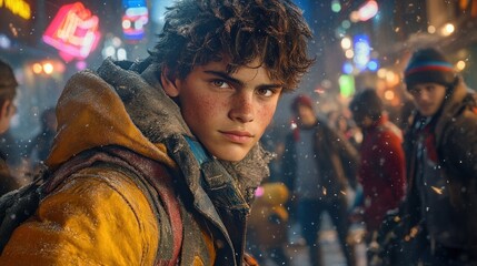 Obraz premium A young person in a vibrant urban setting, showcasing resilience and adventure.
