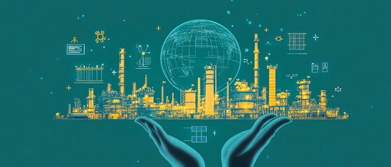 Ecofriendly renewable energy sources, with a hand holding a Green Globe and icons representing wind, solar, and green electricity, showcasing energysaving industrial factories