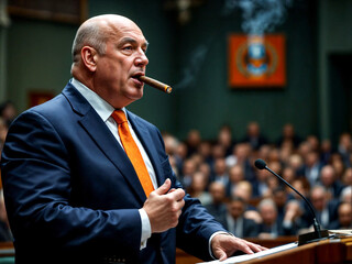 A commanding man in a classic suit delivering a powerful speech, an authoritative figure in vintage style exuding confidence and power behind a podium.