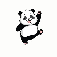 A cartoon panda cub is depicted in a joyful pose. It's bouncing with one arm raised and the other leg kicking out, showcasing a wide, toothy grin. The panda has large, round eyes and a playful express