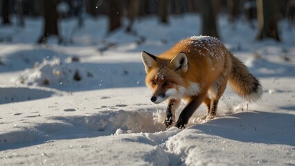 Obraz premium The silent beauty of new animal footprints on unspoiled snow on a winter day is captured in this close-up of fox pawprints moving through a snowy forest.