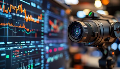 Robotic arm pointing at stock market chart