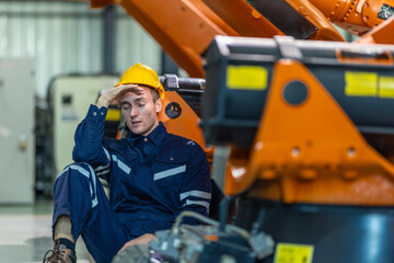 Stressed Factory Worker Resting on the Floor