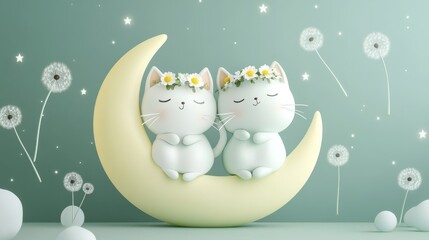 Whimsical 3D render featuring cartoon cats on crescent moon
