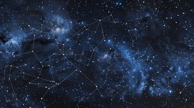 A dark blue sky with stars and constellations.