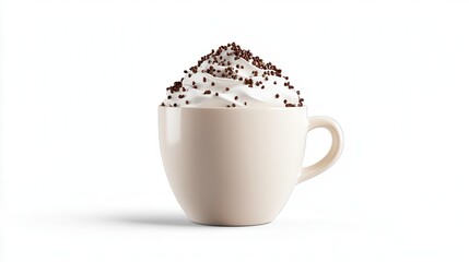 A coffee cup with whipped cream topped with chocolate sprinkles