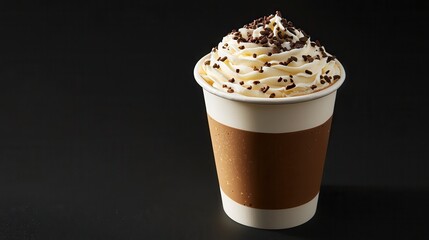 A coffee cup with whipped cream topped with chocolate sprinkles