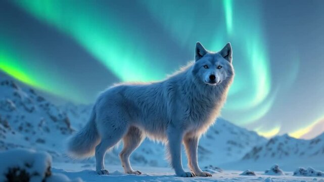 A wolf with feathers instead of fur, its glowing yellow eyes reflecting a snowy tundra lit by the aurora borealis.
