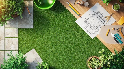 Top view of backyard garden design desk on grass.