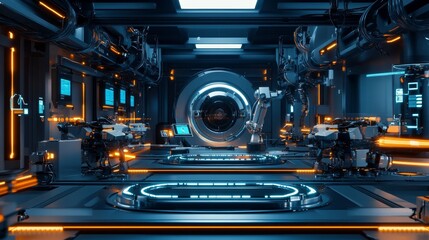 Fototapeta premium A futuristic industrial facility with robotic arms and glowing control panels.