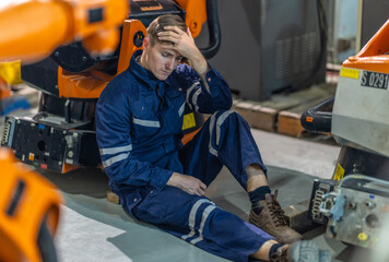 Fototapeta premium Stressed Factory Worker Resting on the Floor