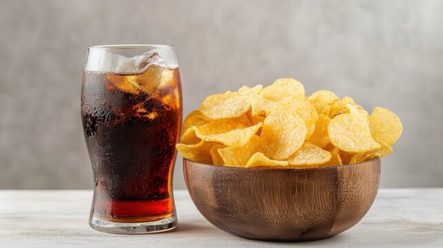 A bowl of crispy potato chips arranged beside a glass of cola.