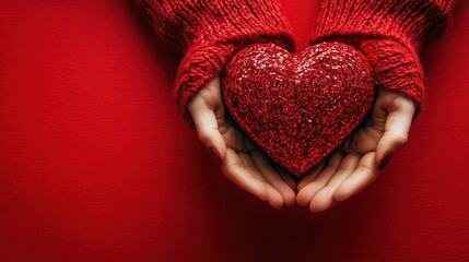 Red glitter heart held in hands wearing red sweater. Perfect for Valentine's Day, love, romance, and affection themes.