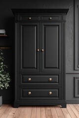 Black wooden armoire with brass knobs, two doors, three drawers, in a dark room.
