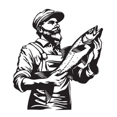 Fototapeta premium Vintage black and white illustration of a fisherman holding a large fish, featuring detailed linework, rugged attire, and a proud pose. Ideal for logos or artwork.