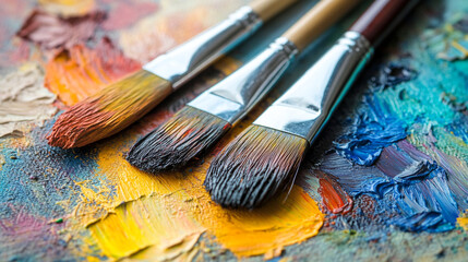 Obraz premium Brushes resting on a vibrant palette of paint colors in an artist's studio
