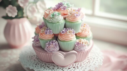3D Render Intricately decorated pastel cupcakes in heartshaped box