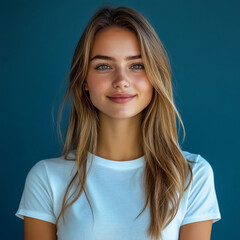Fototapeta premium Blonde girl with long hair in a white T-shirt on a blue background, close-up.