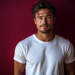 Obraz premium Handsome man with a beard, brunette, in a white T-shirt on a red background, close-up.