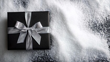 Black Gift Box with Silver Ribbon on Snow Background. Top View of Brotherhood Day Gifts with Copy Space