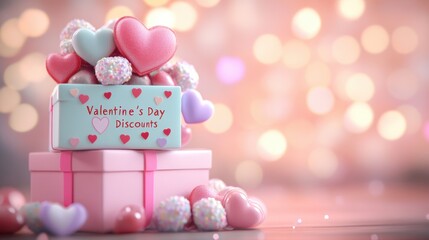 Festive Valentines 3D render with heartshaped gift boxes and candies