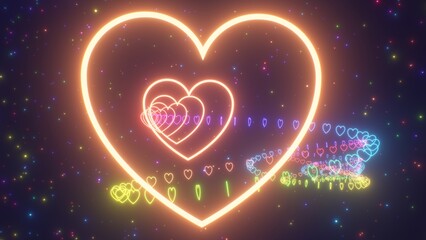 Twisty Convoluted Rainbow Neon Glow Heart Tunnel With Sparkle Stars - Abstract Background Texture