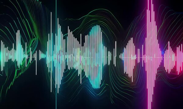 Abstract colorful audio or sound wave background illustration. Music frequency curve line, digital radio signal spectrum, voice equalizer effect, volume waveform element