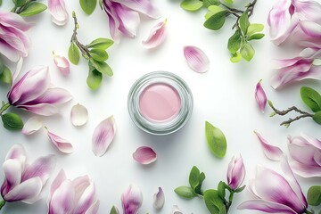 A dainty jar of cosmetics framed by enchanting magnolia flowers, creating a serene and magical...