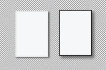 Realistic blank plastic or wood frame photo mockup. Empty vertical picture frame template isolated on transparent background. Vector mockup for picture, painting, poster, photographs or art gallery
