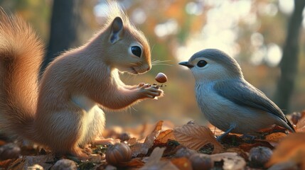 3D rendering Squirrel shares acorn with sleepy bird in forest