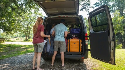 A family packing luggage into the back of a passenger van for a vacation.