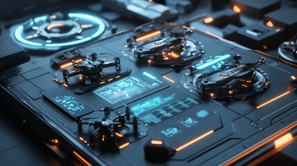 Futuristic control panel with drones and holographic displays.
