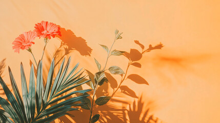 Naklejka premium Bright flowers and leaves casting shadows on an orange wall during daylight