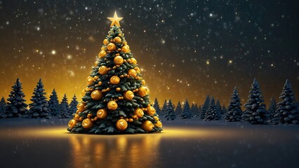 Using stacked tires and sparkling lights, this 3D render Christmas tree is displayed against a bright yellow banner, online, leaflet, or design. (2)