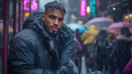 Obraz premium A man in a puffy jacket sits amidst a snowy urban scene, surrounded by people with umbrellas.