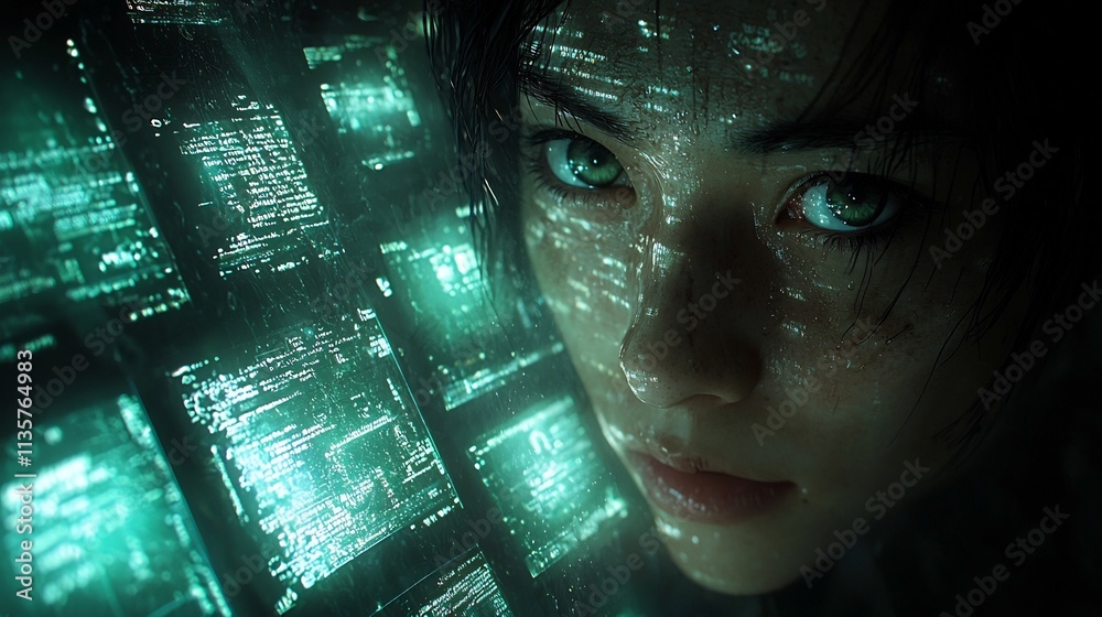 Poster hacker illuminated by encrypted code filled screens in dark room symbolizing cybersecurity underworl