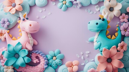 Naklejka premium A pink and blue dinosaur made of clay surrounded by flowers on a purple background.