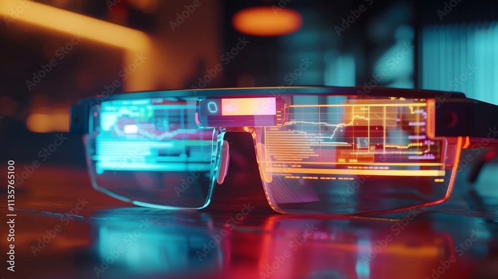 Poster immersive scene with augmented reality glasses projecting a dynamic software project timeline and a 