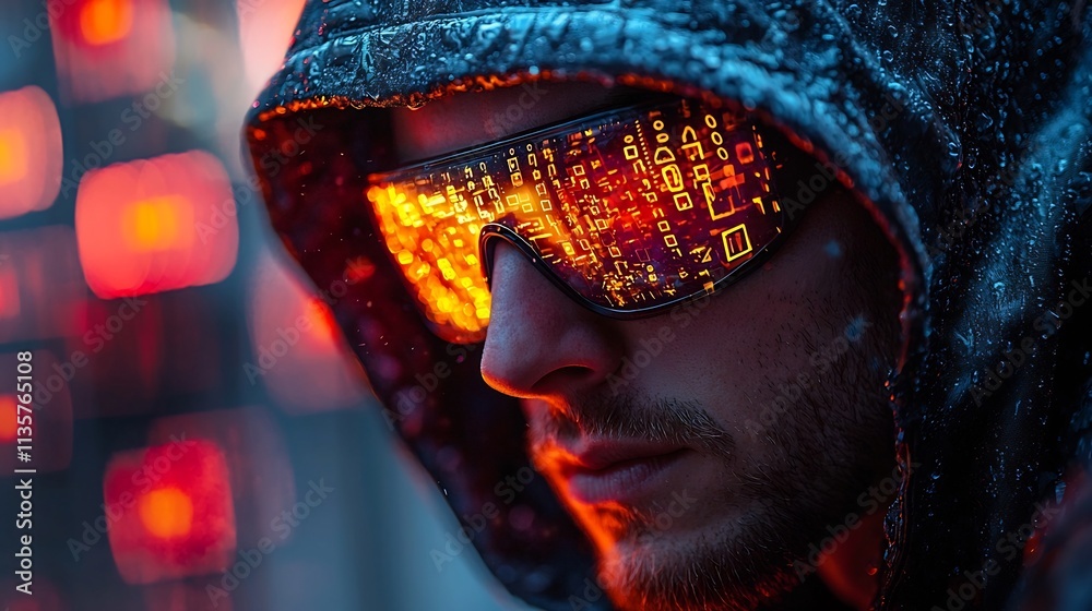 Poster futuristic hacker wearing glasses surrounded by floating digital symbols and data representing hacki